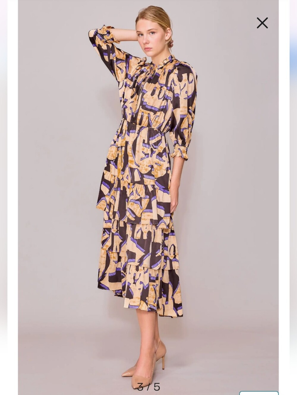 Melloday Abstract Print Tiered Midi Dress in Beige and Purple - Picture 3 of 13
